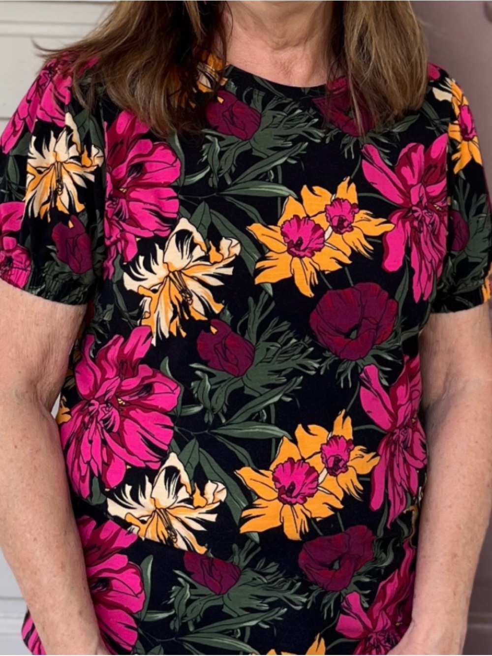 RACHEL Rachel Roy Floral Puff-Sleeve Blouse Top Black Pink Yellow size large